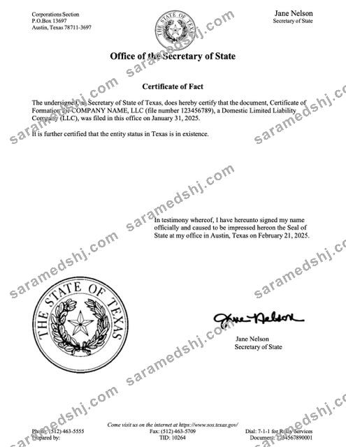 USA Texas certificate of fact Word and PDF template